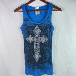 Vocal Y2K Rhinestone Studded Bling Cross Crystal Tank Top Size M Blue Goth Black